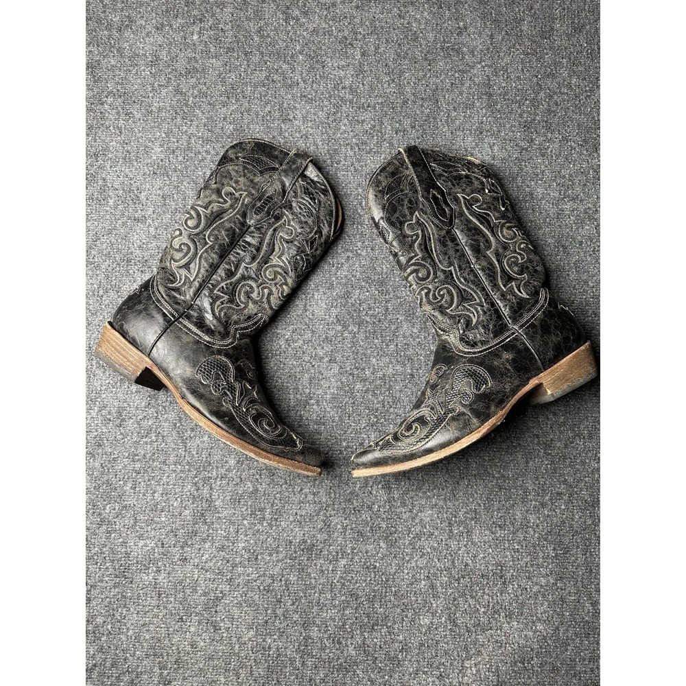 Mens Western Cowboy Corral Boots Black Embroidered Leather, Size US 9.5